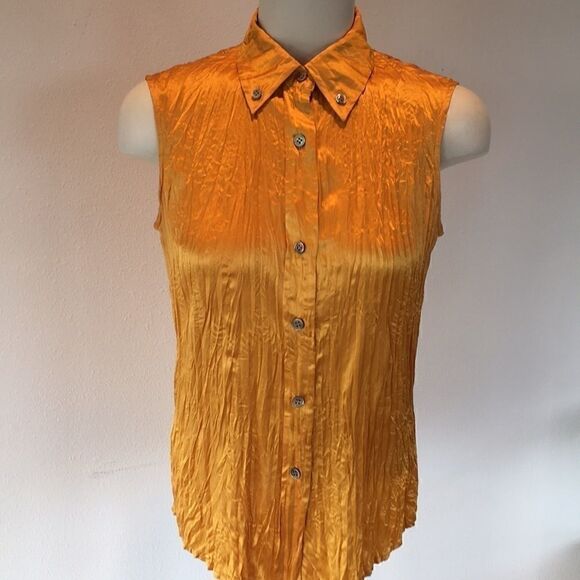 Calvin Klein button down sleeveless gold crinkle top shirt 100% Silk size 2 - Picture 1 of 7